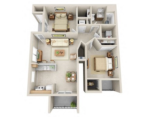 Floor plan for 2 beds, 1 bath, 940 sqft